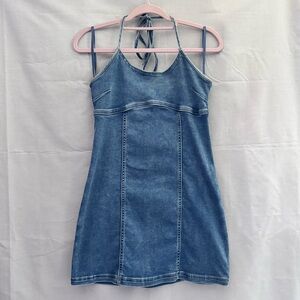 Aerie Women's Junior’s Medium Wash Denim Halter Mini Dress Medium Stretch Y2K